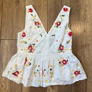 J. Crew Cotton/Linen Blend Hand-Embellished White Floral V-Neck Sleeveless Top